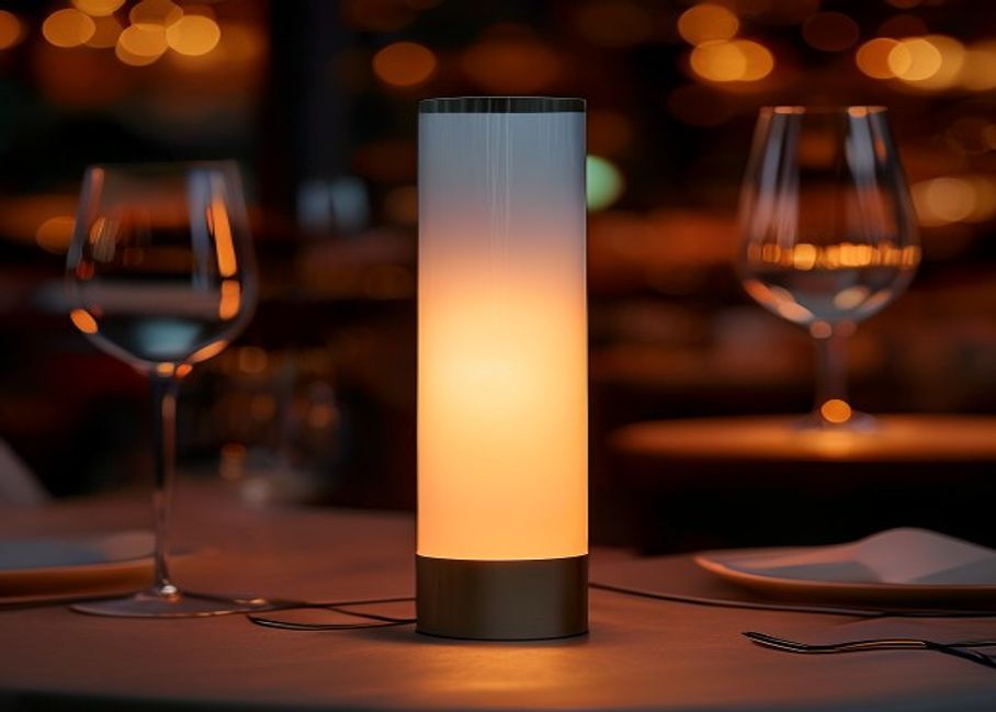 LumaCall Leuchte auf einem Restauranttisch am Abend